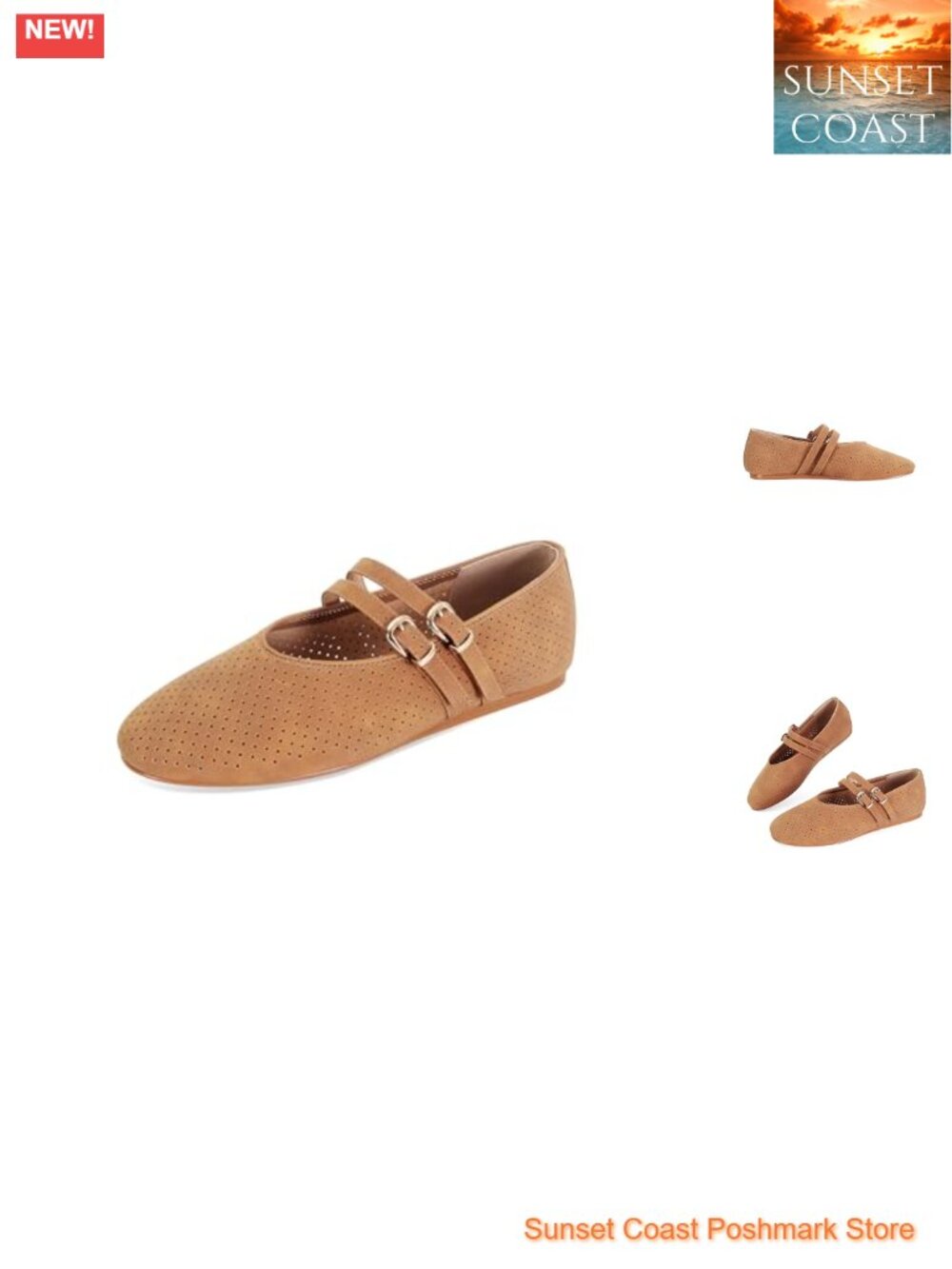 Suede Mary Jane Flats Perforated Round Toe Double Buckle Breathable Mesh